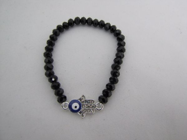 Picture of  TURKISH EYE BRACELET WITH SWAROSKY CRISTAL FATIMA HAND FACETED GLASS BLACK