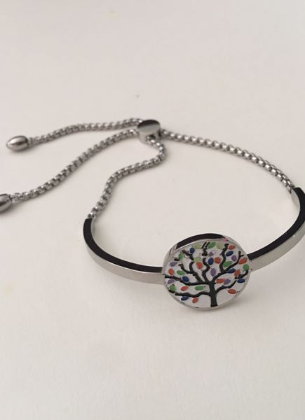 Imagen de PULSERA DE ACERO MEDIA CAÑA CON ARBOL DE LA VIDA ESMALTADO.