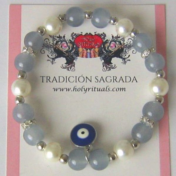 Imagen de PULSERA OJO TURCO AZUL MARINO, ENTREPIEZAS Y PERLAS GRISES Y BLANCAS