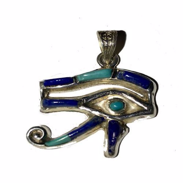 Imagen de Amuleto colgante en plata egipcio "Ojo de Horus". Turquesa y lapislázuli. Pieza única.