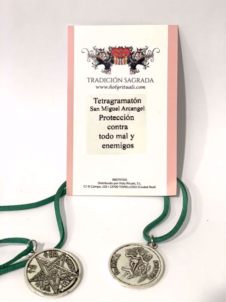 Imagen de Colgante zamak talismán amuleto san Miguel Arcángel  / tetragramatón con cordón verde