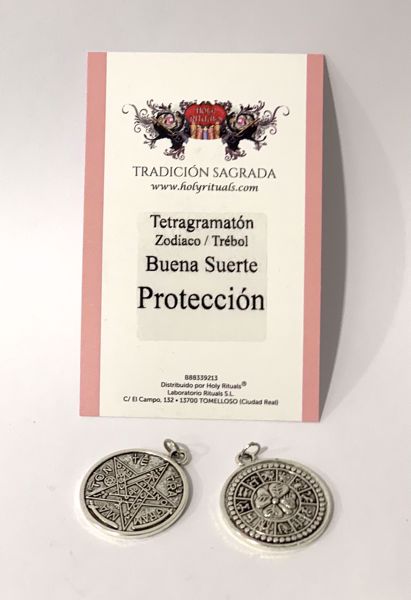 Imagen de Colgante amuleto / talismán  zamak zodiaco, trébol y tetragramatón. Buena suerte y protección