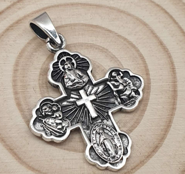 Imagen de Amuleto cruz tipo celta con vírgenes-santos (milagrosa, san josé etc...) en plata  35 mm