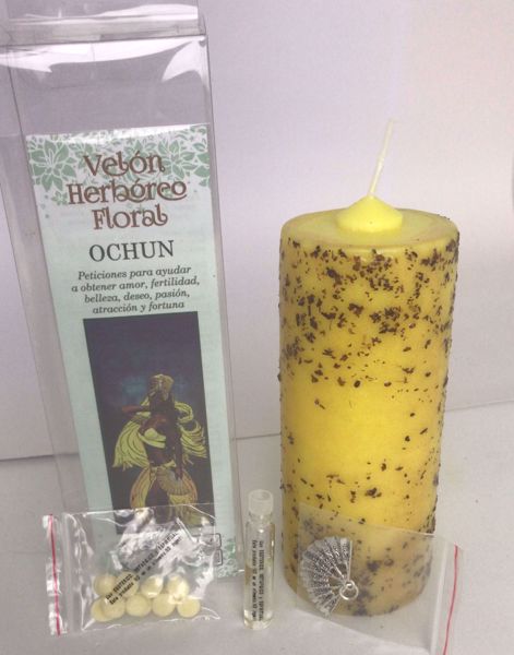Imagen de Velón herbóreo floral Ochun: con manteca  de  cacao, amuleto  y aceite litúrgico