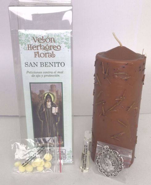 Picture of Velón herbóreo floral San Benito: manteca, aceite litúrgico y amuleto