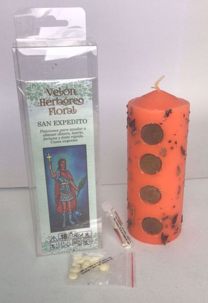 Imagen de Velón herbóreo floral San Expedito: con aceite, manteca y monedas suerte